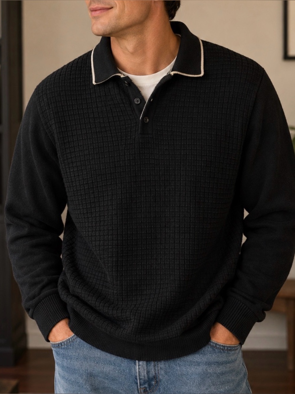 Vintage Men's Quilted-Texture Button-Neck Sweater - Black